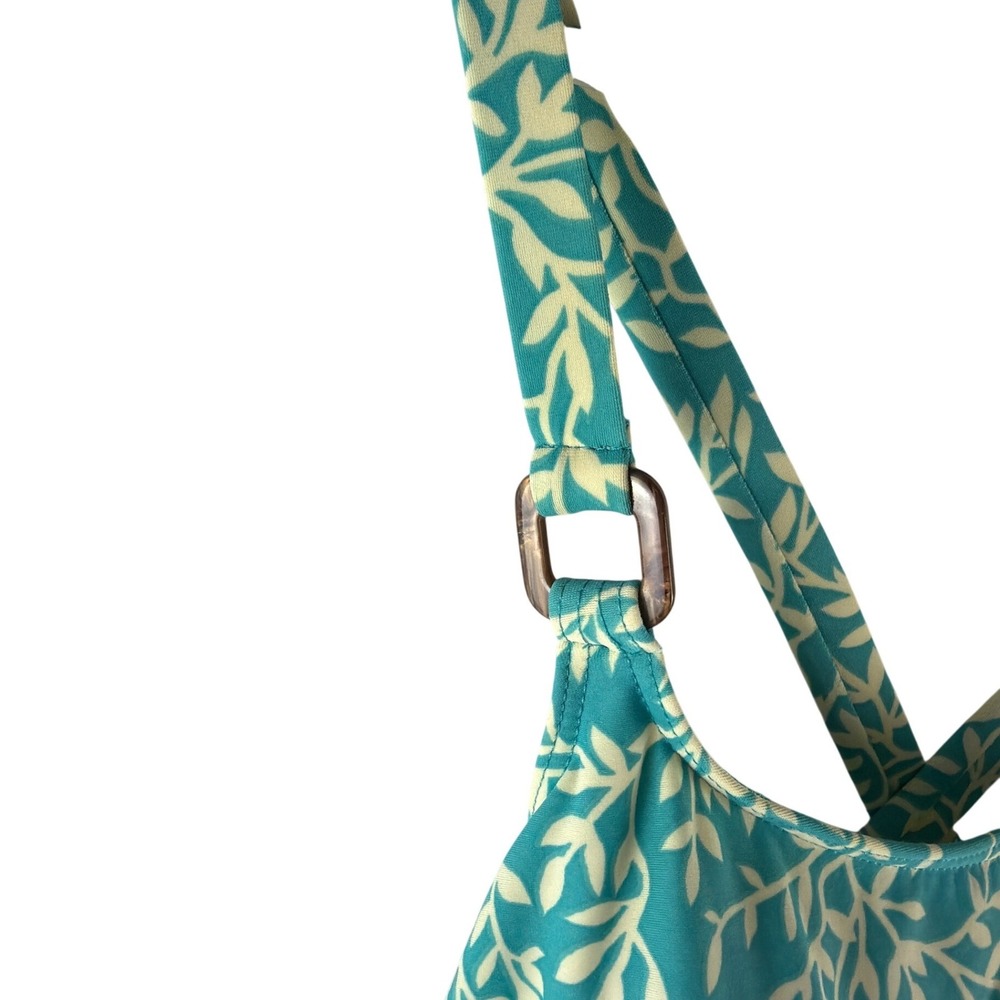 Lands End Womens Sz 14 Teal Leaf Print Ruched One Piece Swimsuit Crossover Back - Picture 3 of 8